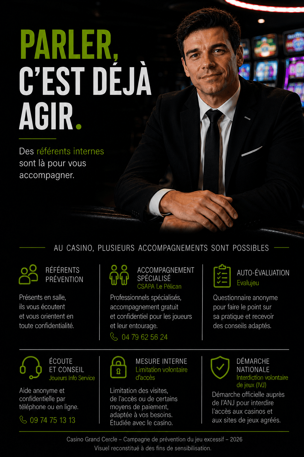 Affiche de prévention présentant les référents internes et les dispositifs d’accompagnement